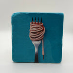Spaghetti artwork printed on square travertine stone coaster