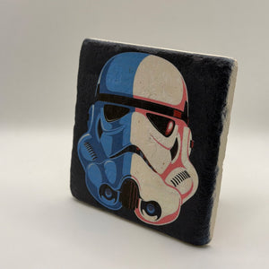 Star Wars stormtrooper artwork printed on square travertine stone coaster