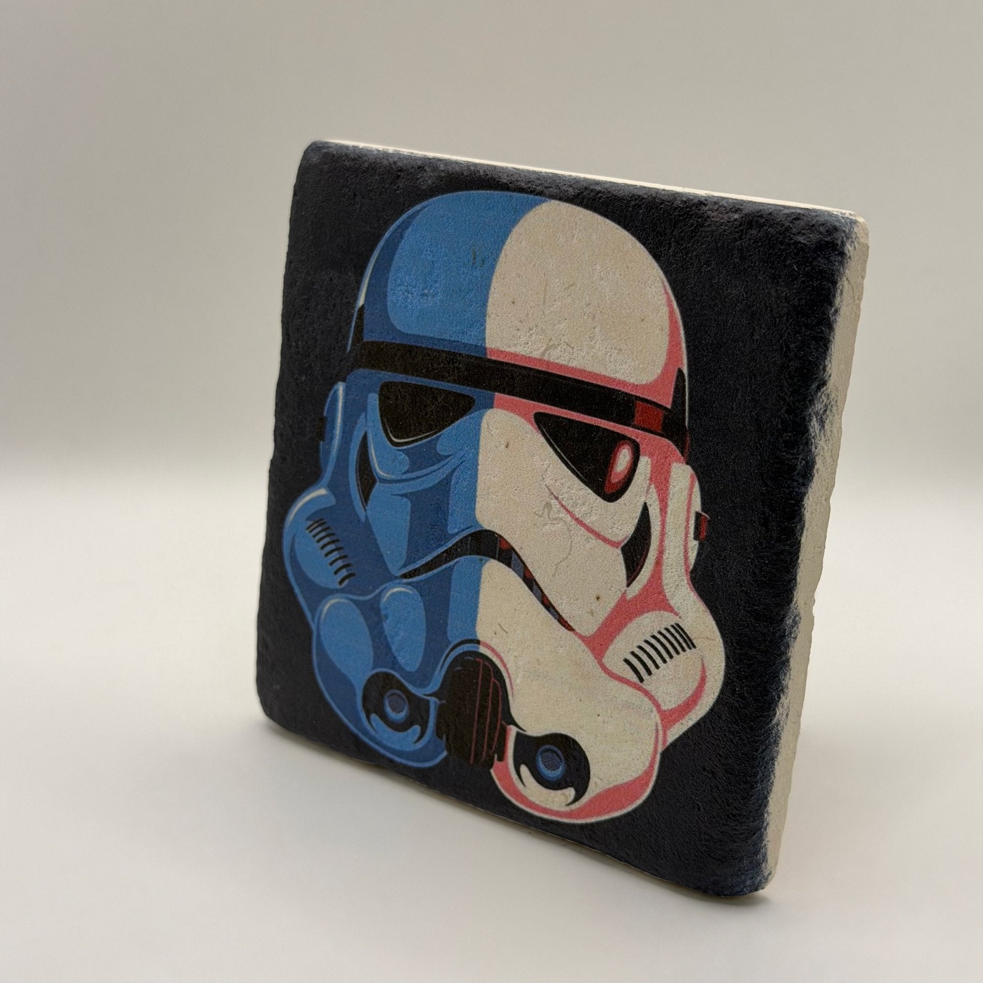Star Wars stormtrooper artwork printed on square travertine stone coaster