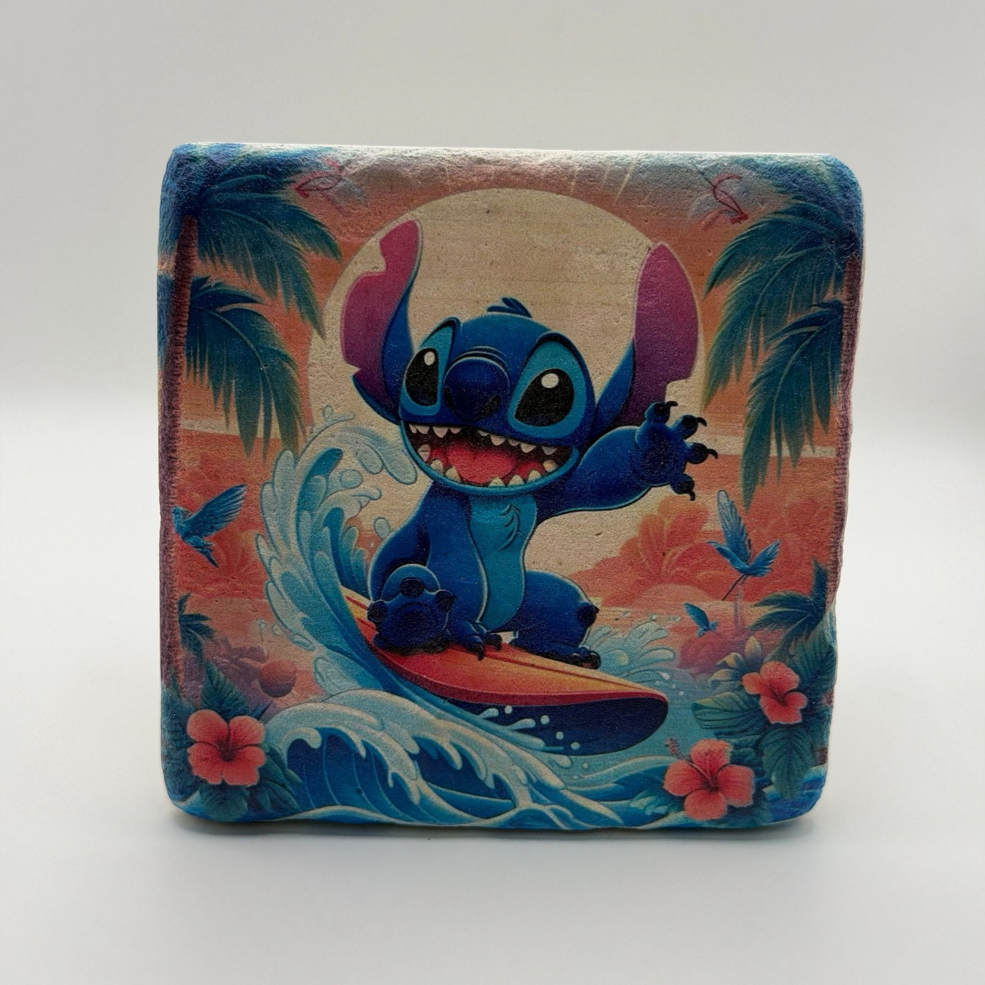 Stitch character artwork printed on square travertine stone coaster