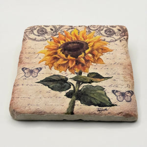 Vintage sunflower artwork printed on square travertine stone coaster