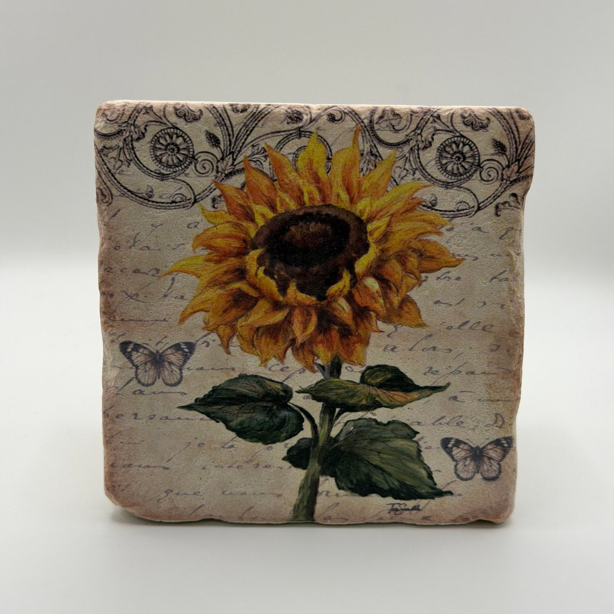 Vintage sunflower artwork printed on square travertine stone coaster