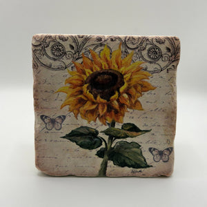 Vintage sunflower artwork printed on square travertine stone coaster