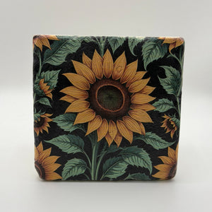 Vintage sunflower pattern printed on square natural travertine stone coaster