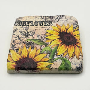 Vintage sunflower artwork printed on square travertine stone coaster