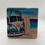 Hand painted surfer van artwork printed on square travertine stone coaster