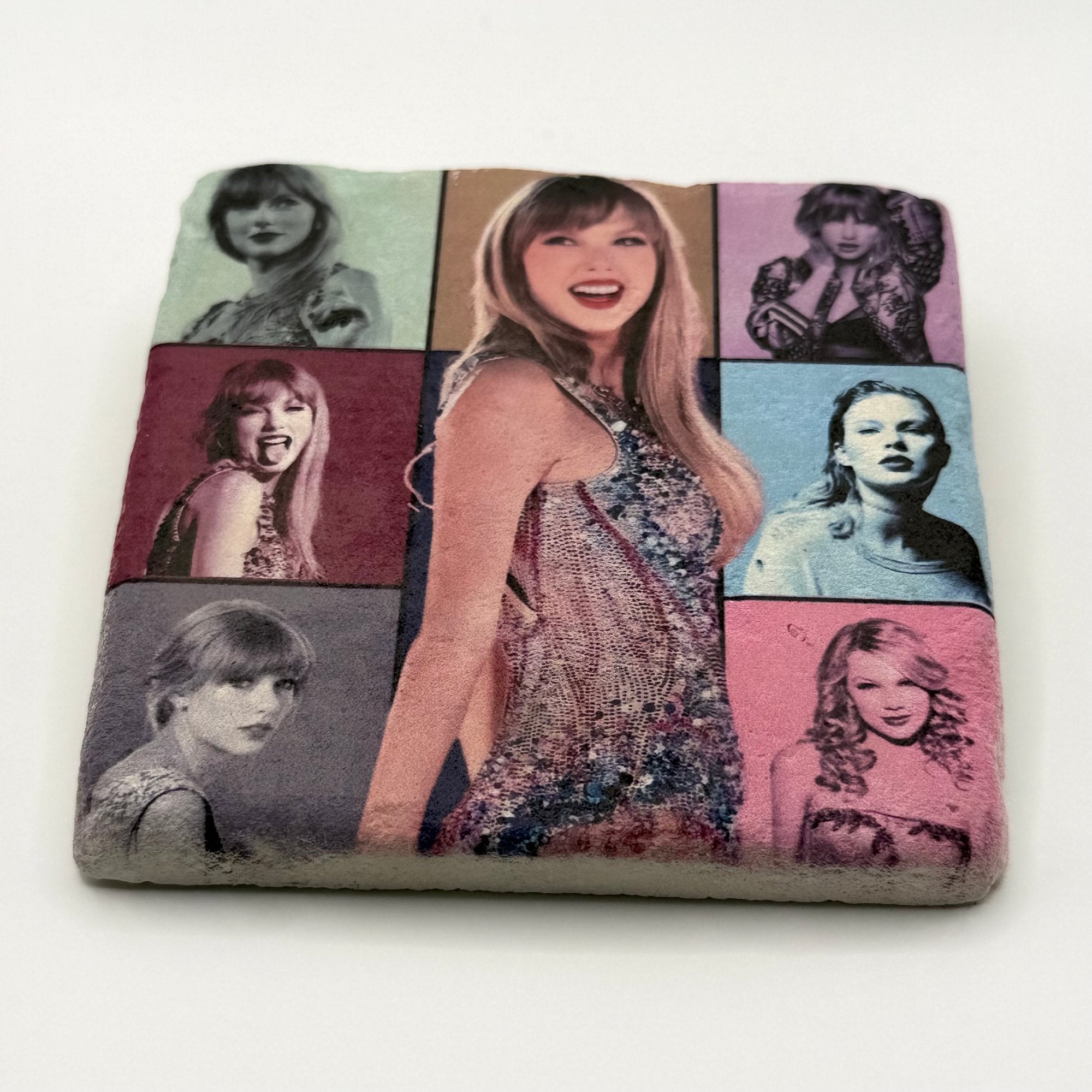 Taylor Swift era artwork printed on square travertine stone coaster
