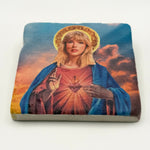Taylor Swift Saint artwork printed on square travertine stone coaster