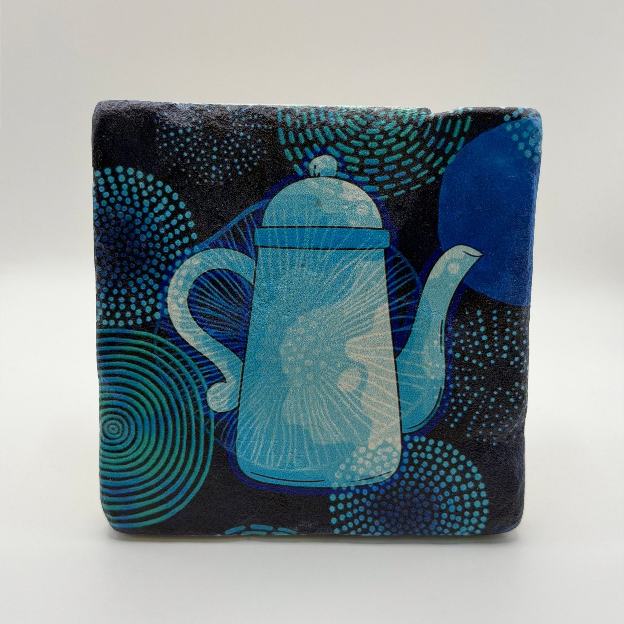 Vintage Tea Pot Blue artwork printed on square travertine stone coaster