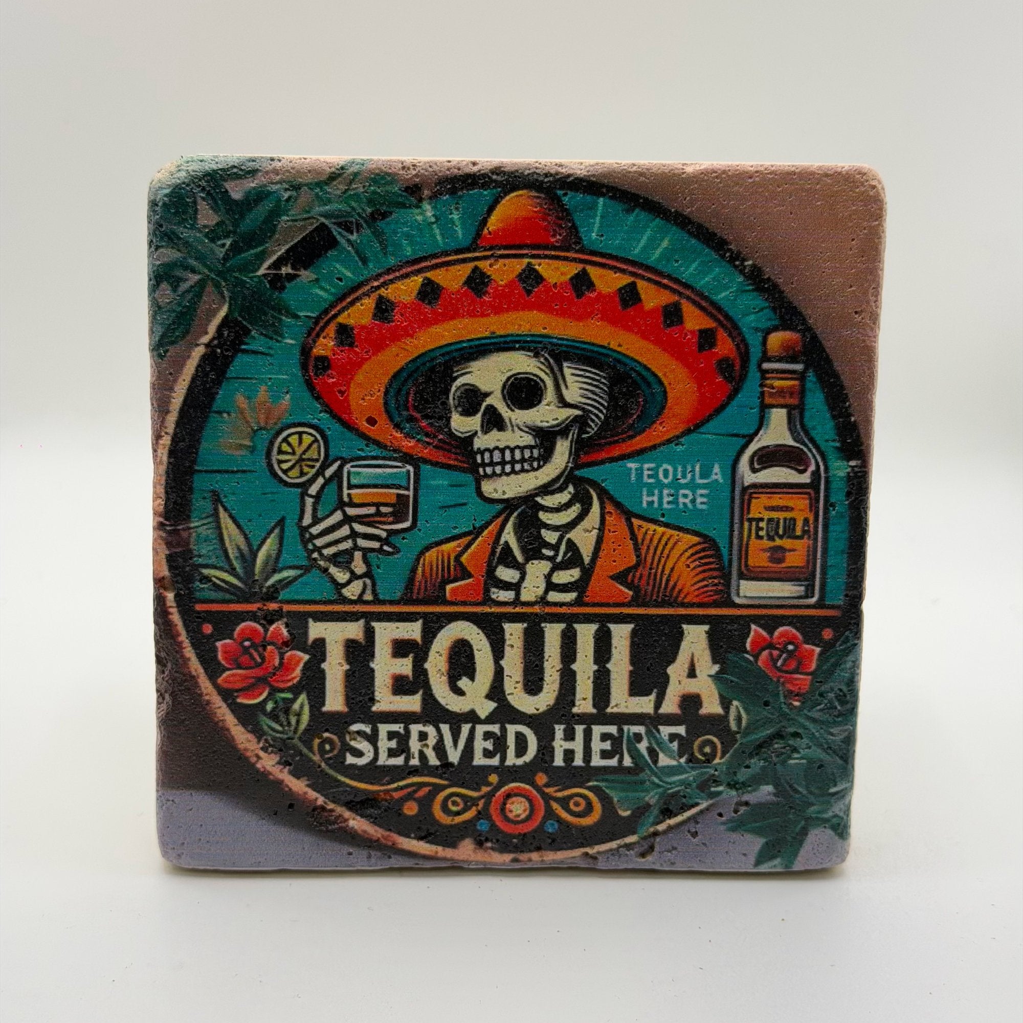 Tequila logo printed on square travertine stone coaster