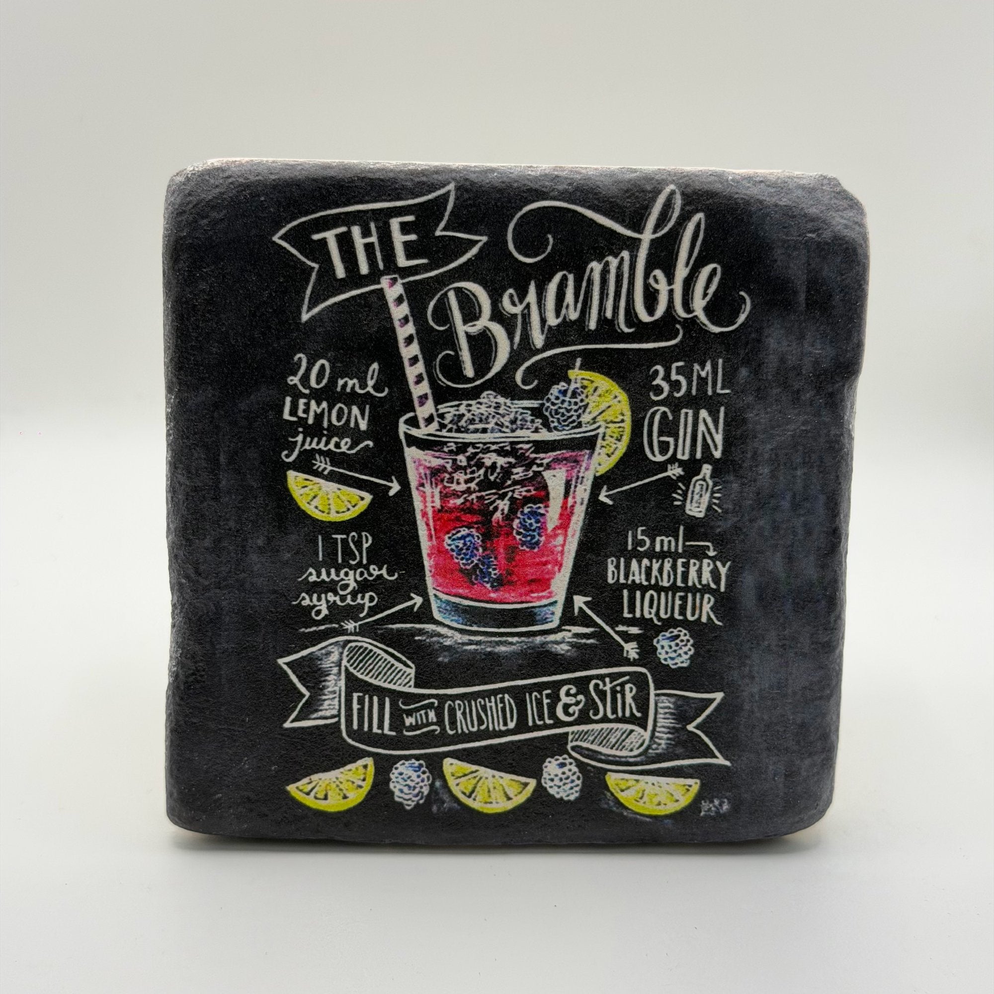 The Bramble artwork printed on square travertine stone coaster