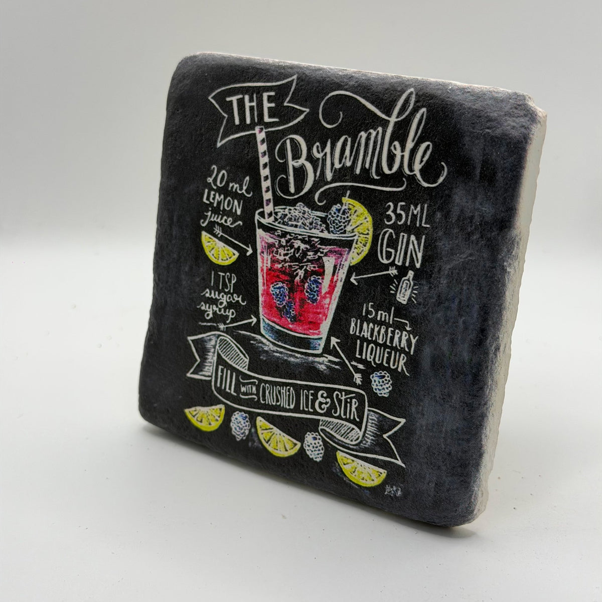 The Bramble artwork printed on square travertine stone coaster