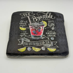 The Bramble artwork printed on square travertine stone coaster