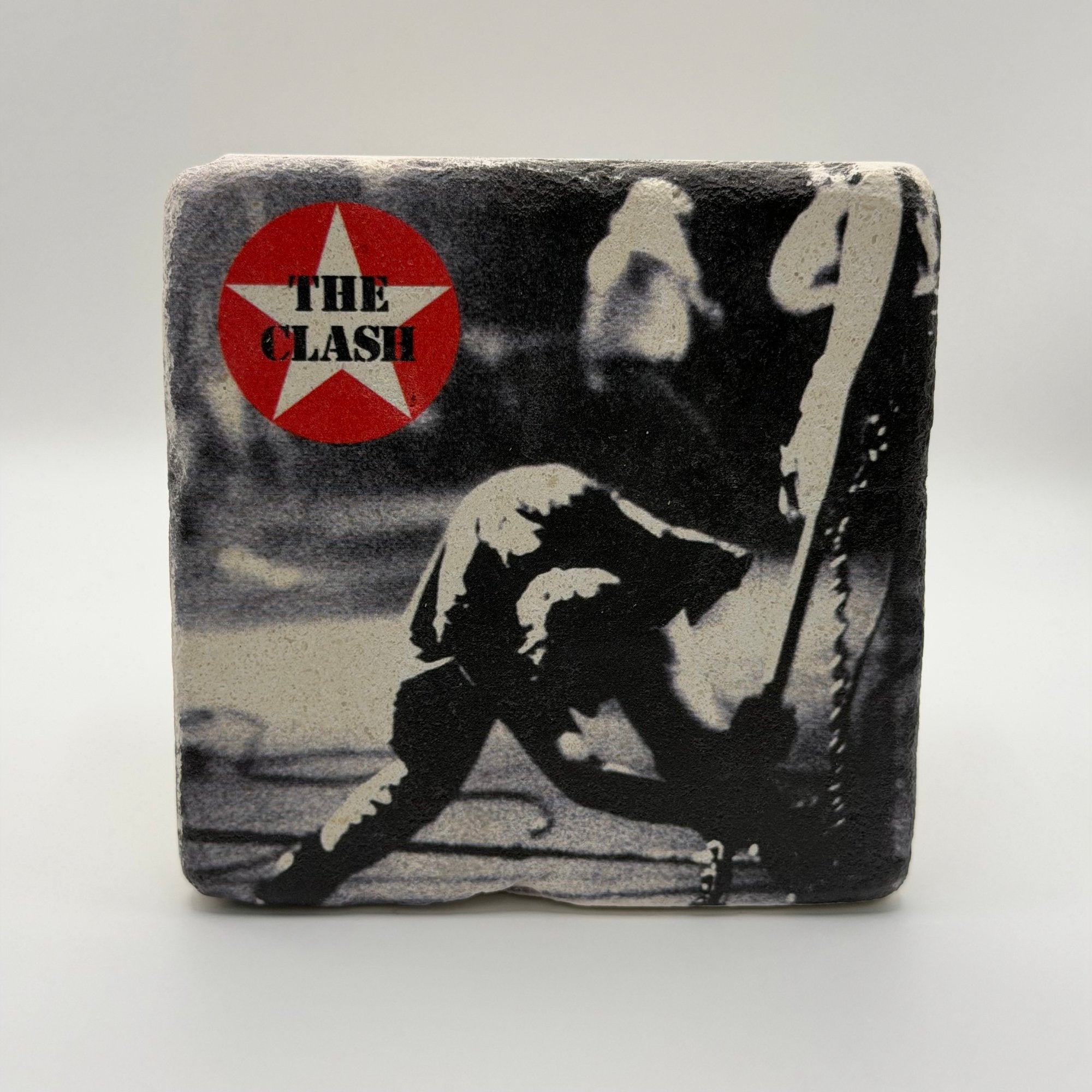 The Clash artwork printed on square travertine stone coaster