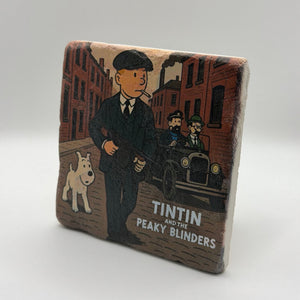 Tin Tin artwork printed on square travertine stone coaster