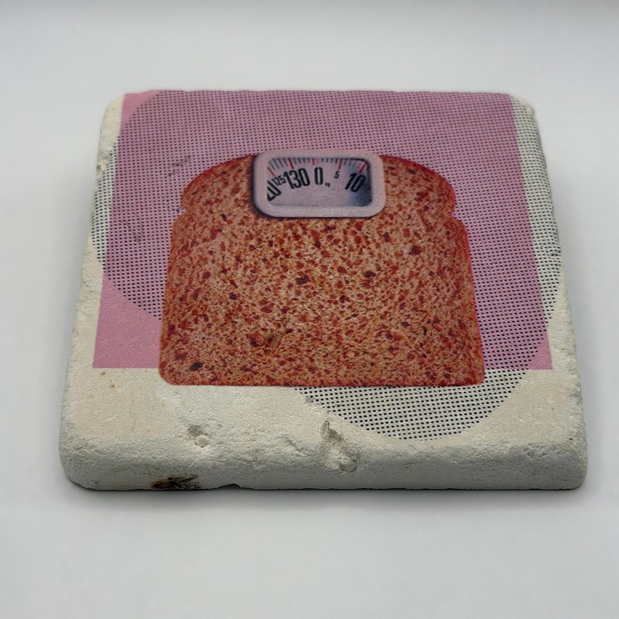Vintage toast bread artwork printed on square travertine stone coaster
