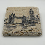 Tower Bridge and Big Ben artwork printed on square travertine stone coaster