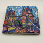 Mosaic artwork of Tower Bridge printed on square travertine stone coaster