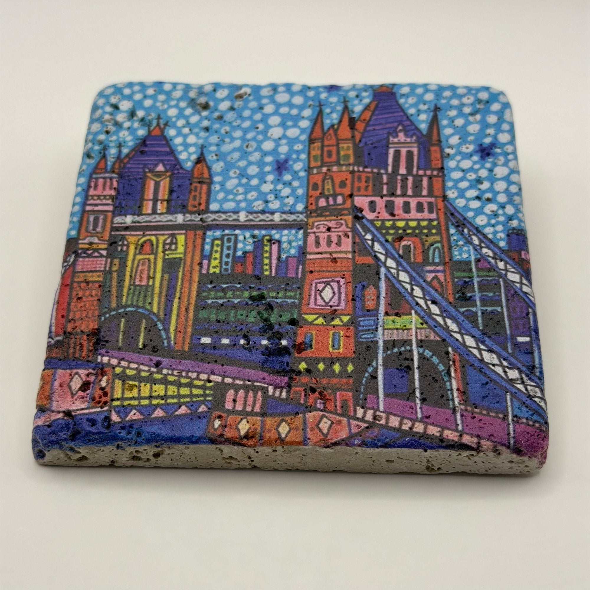 Mosaic artwork of Tower Bridge printed on square travertine stone coaster