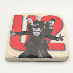 U2 logo printed on square travertine stone coaster
