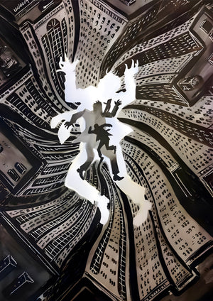 Brian Vertigo's Falling Through City artwork printed on MDF wall poster