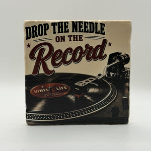 Vintage Record Natural Travertine Stone Coaster artwork