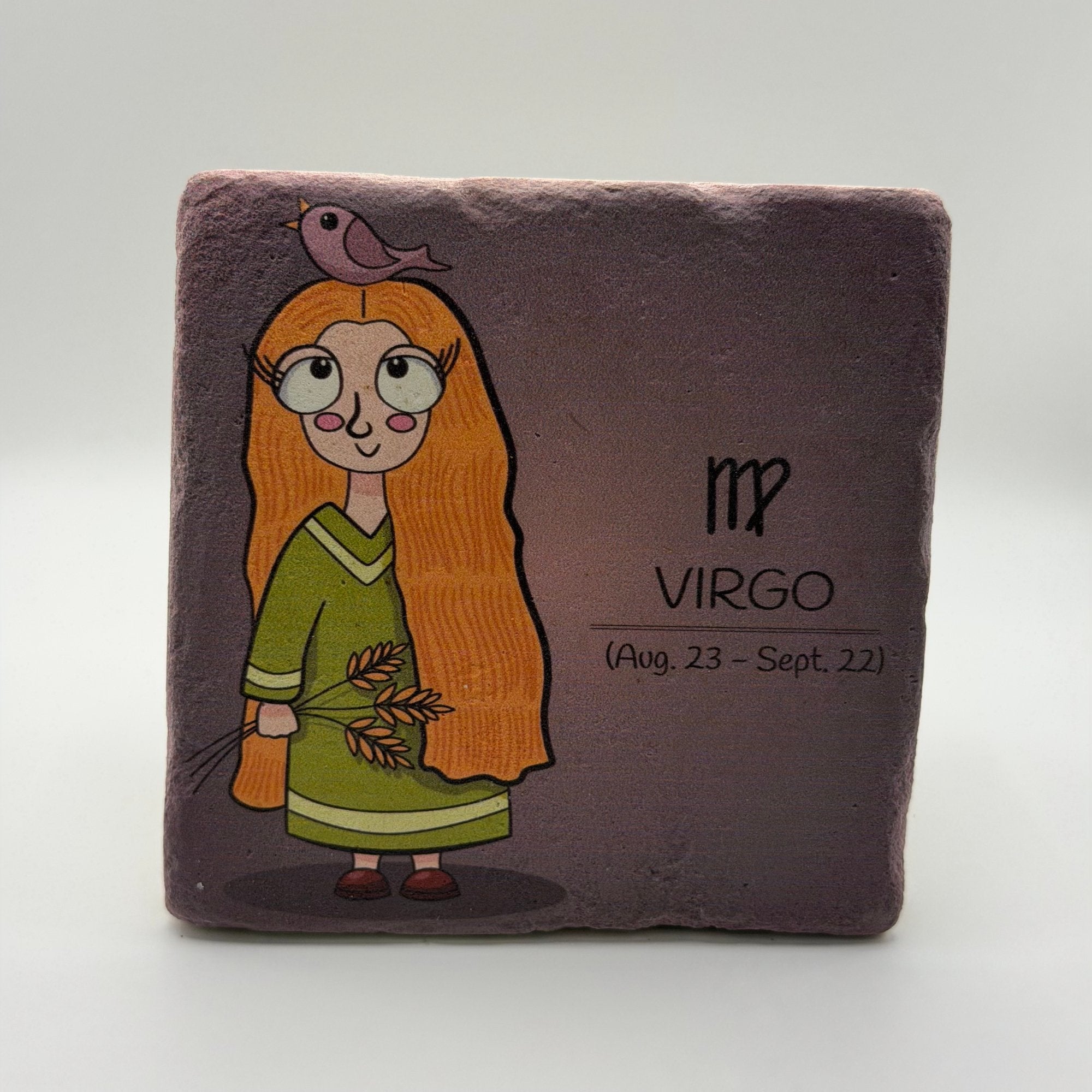 Virgo zodiac symbol printed on square travertine stone coaster