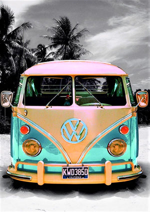 Volkswagen Van Beach Lives To Be Free artwork printed on MDF wall poster