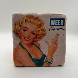 Funny retro weed cigarette slogan printed on square travertine stone coaster