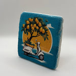 Vintage White Vespa illustration printed on square travertine stone coaster