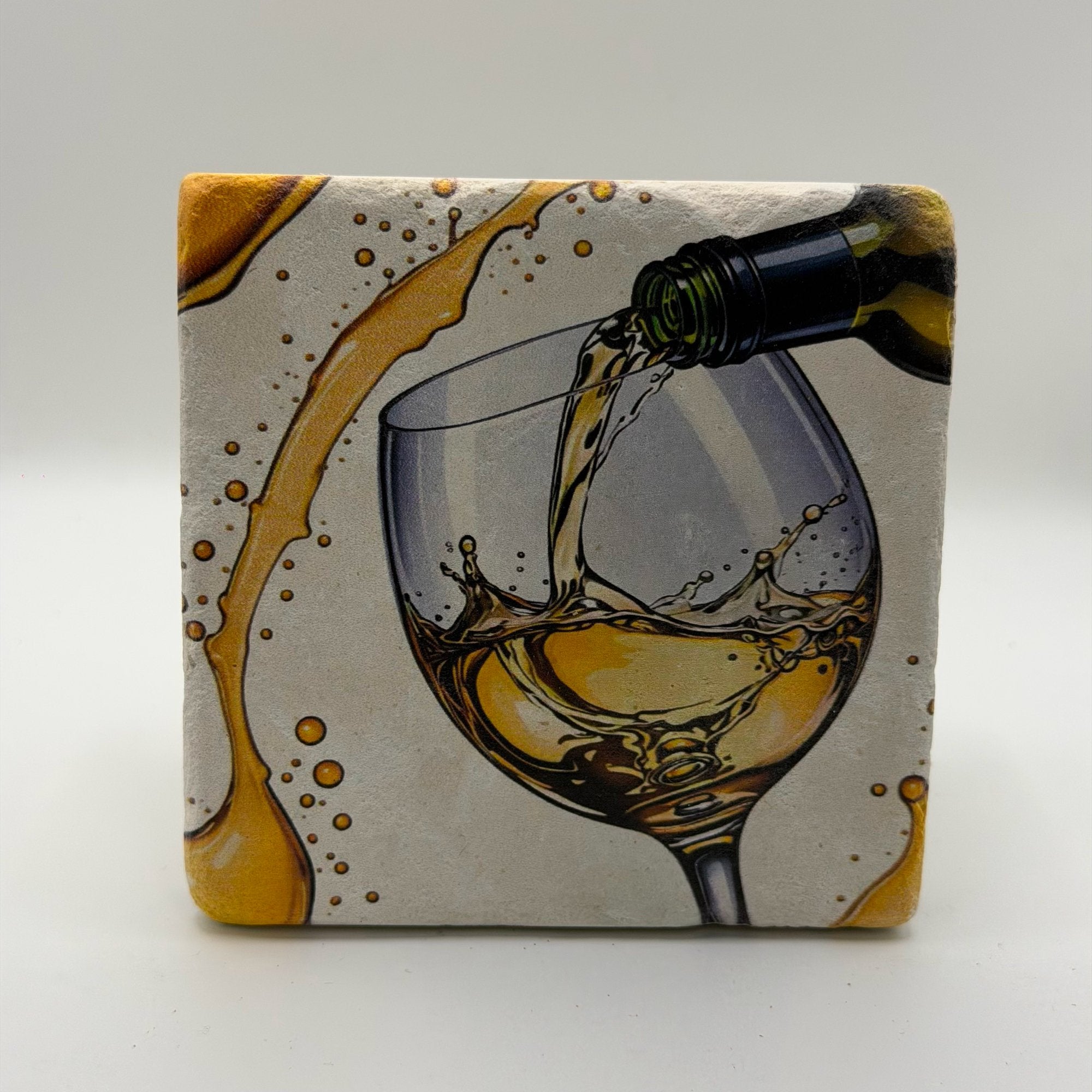 White wine-inspired design printed on square travertine stone coaster