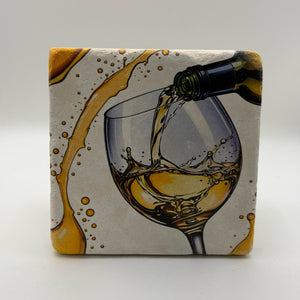 White wine-inspired design printed on square travertine stone coaster