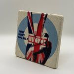Who logo artwork printed on square travertine stone coaster
