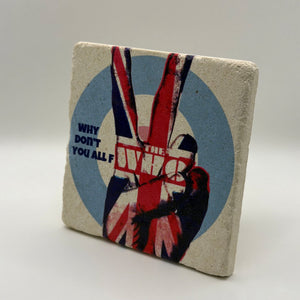 Who logo artwork printed on square travertine stone coaster