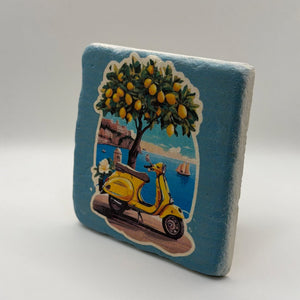 Vintage yellow scooter artwork printed on square travertine stone coaster