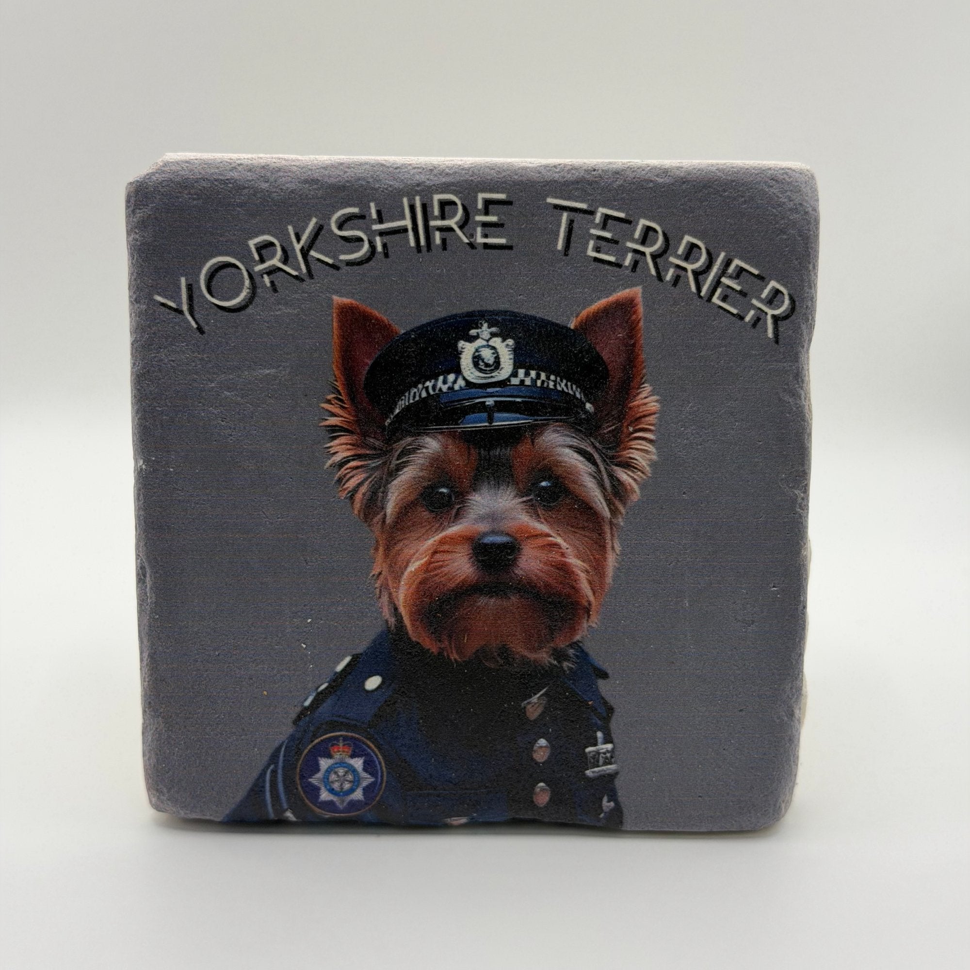 Yorkshire Terrier breed portrait printed on square travertine stone coaster