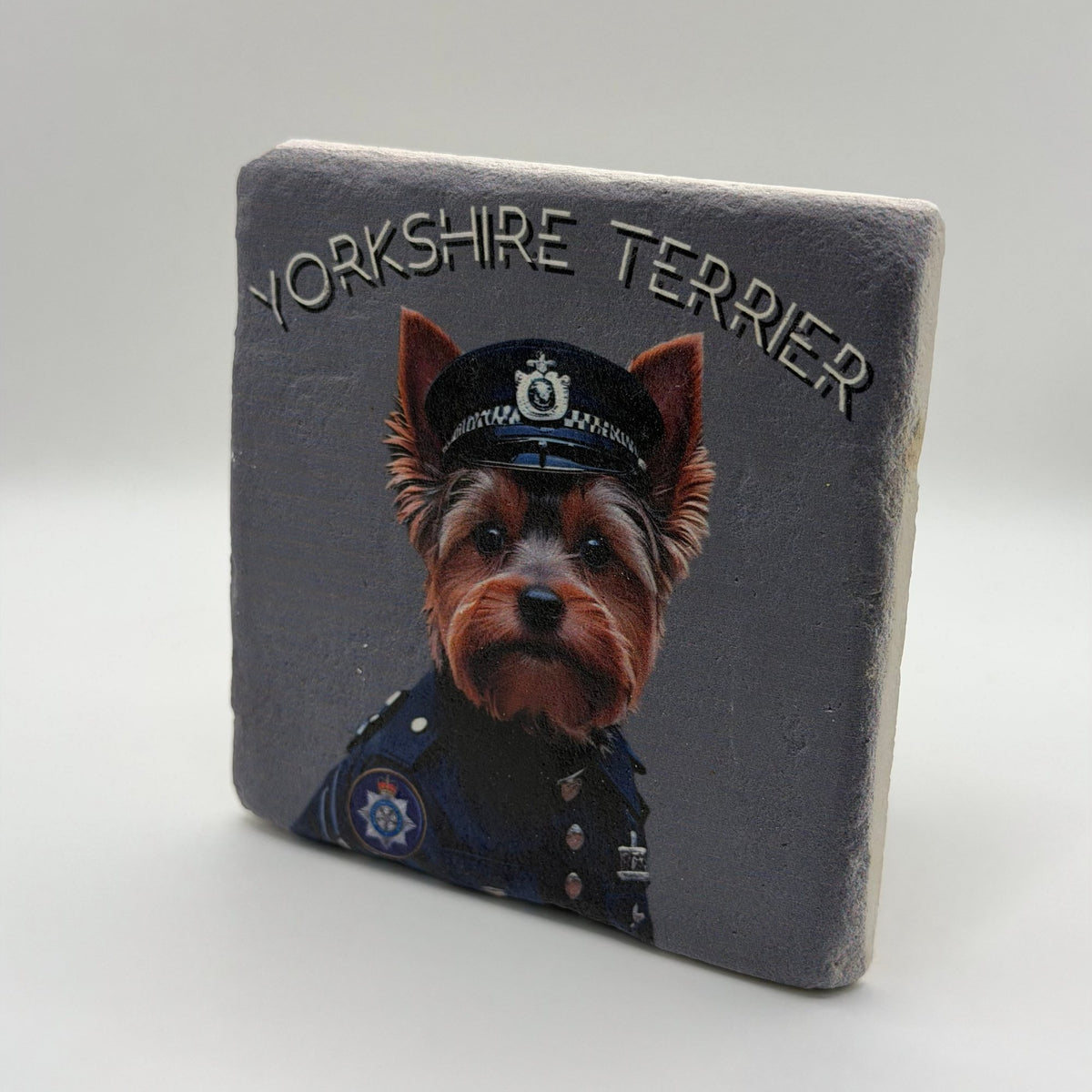 Yorkshire Terrier breed portrait printed on square travertine stone coaster
