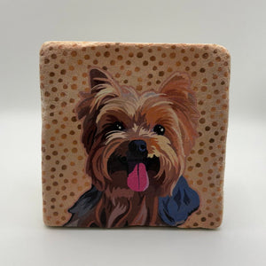 Cute Yorkshire Terrier artwork printed on square travertine stone coaster