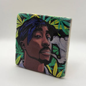 2Pac portrait printed on square travertine stone coaster