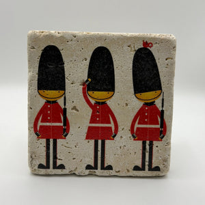 Three British Royal Guards printed on a natural travertine stone coaster