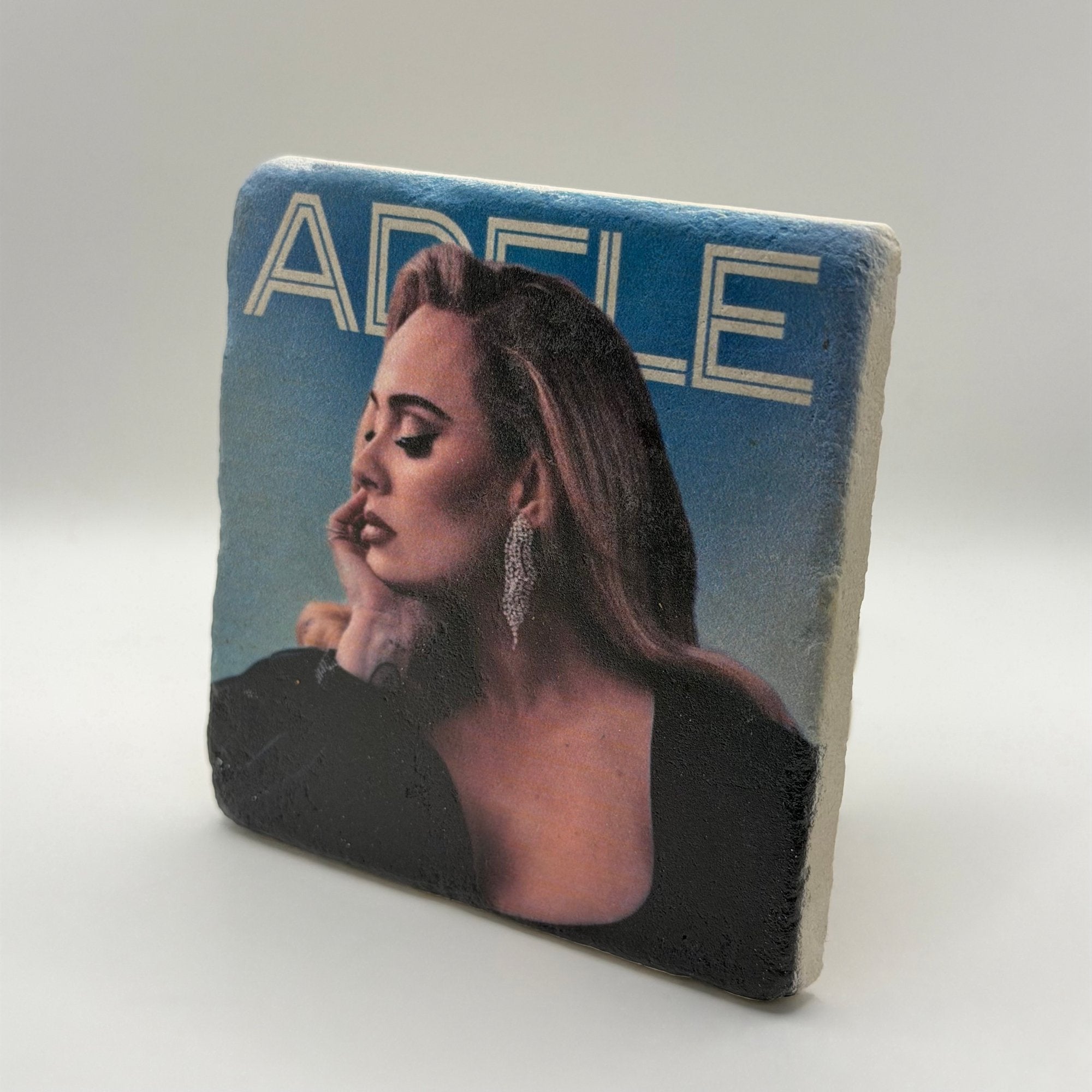 Adele artwork printed on square travertine stone coaster