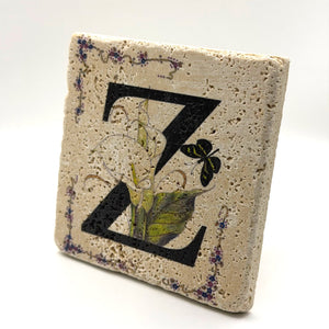 Alphabet letter Z design printed on a natural stone coaster