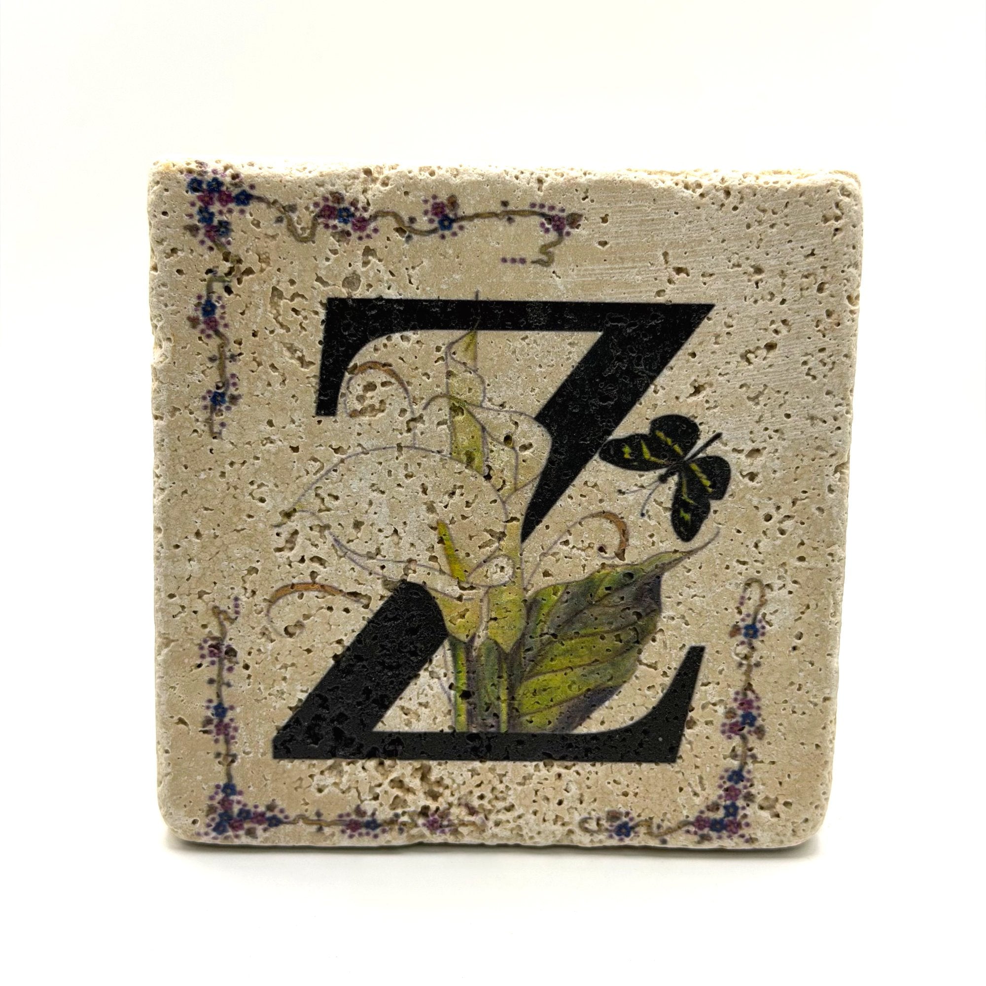 Alphabet letter Z design printed on a natural stone coaster