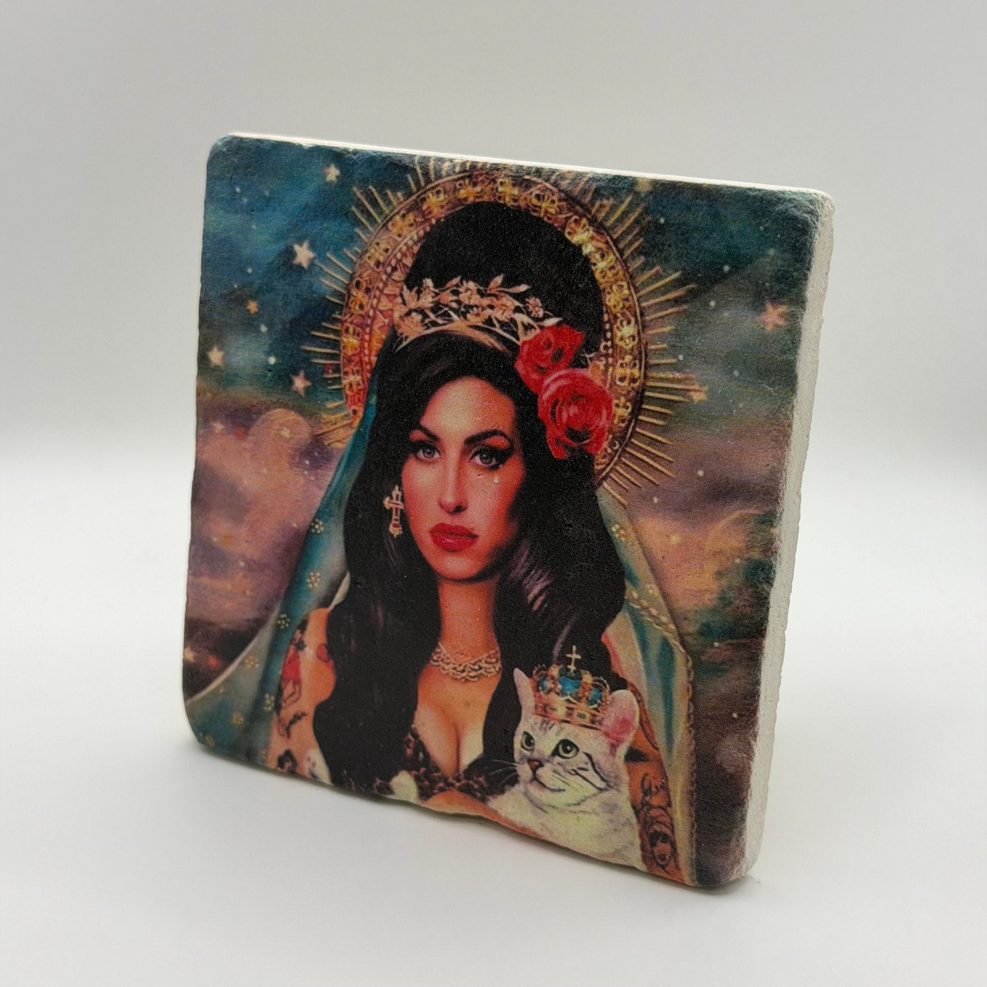 Amy Winehouse artwork printed on square travertine stone coaster
