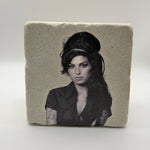Amy Winehouse artwork printed on square travertine stone coaster
