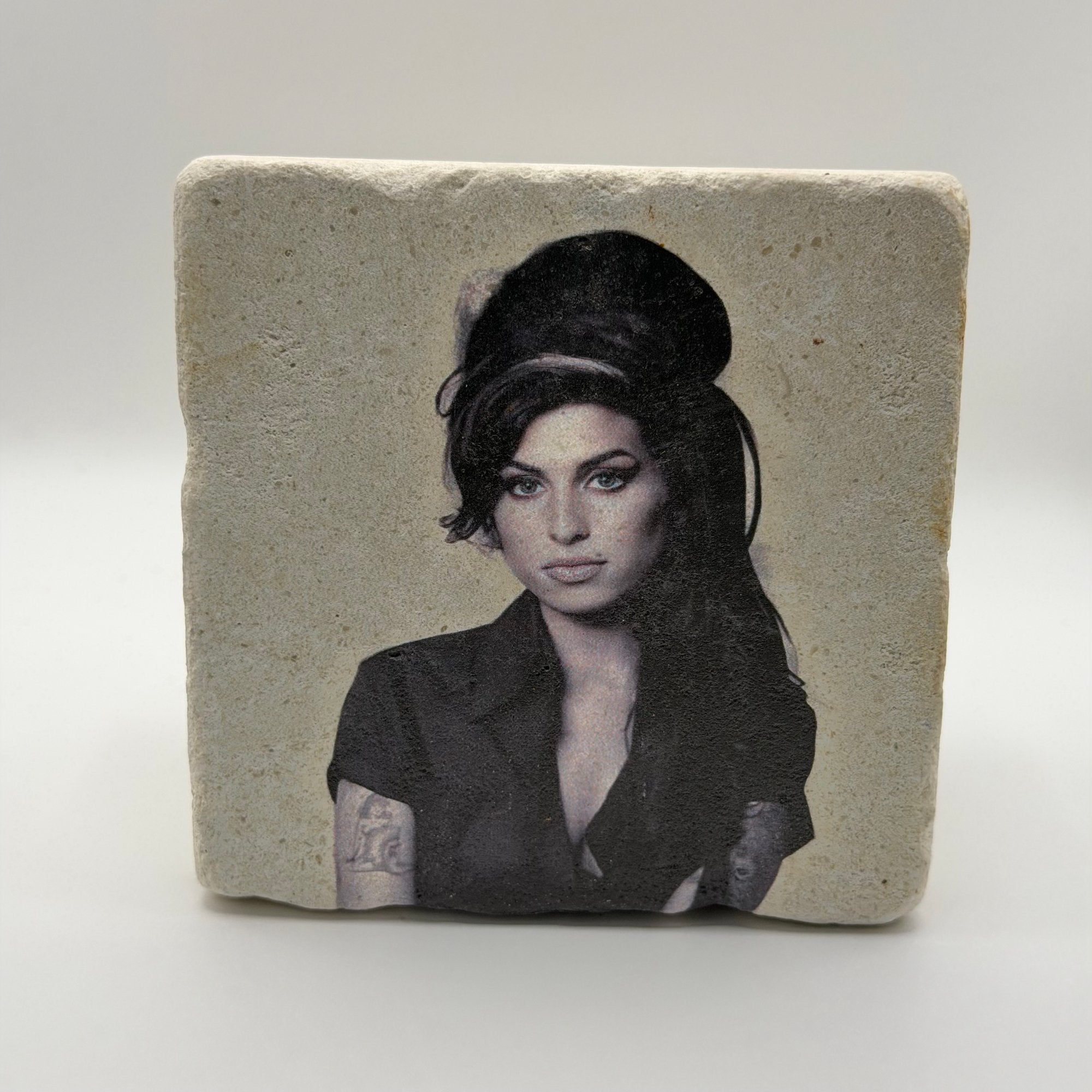 Amy Winehouse artwork printed on square travertine stone coaster