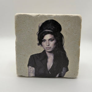 Amy Winehouse artwork printed on square travertine stone coaster
