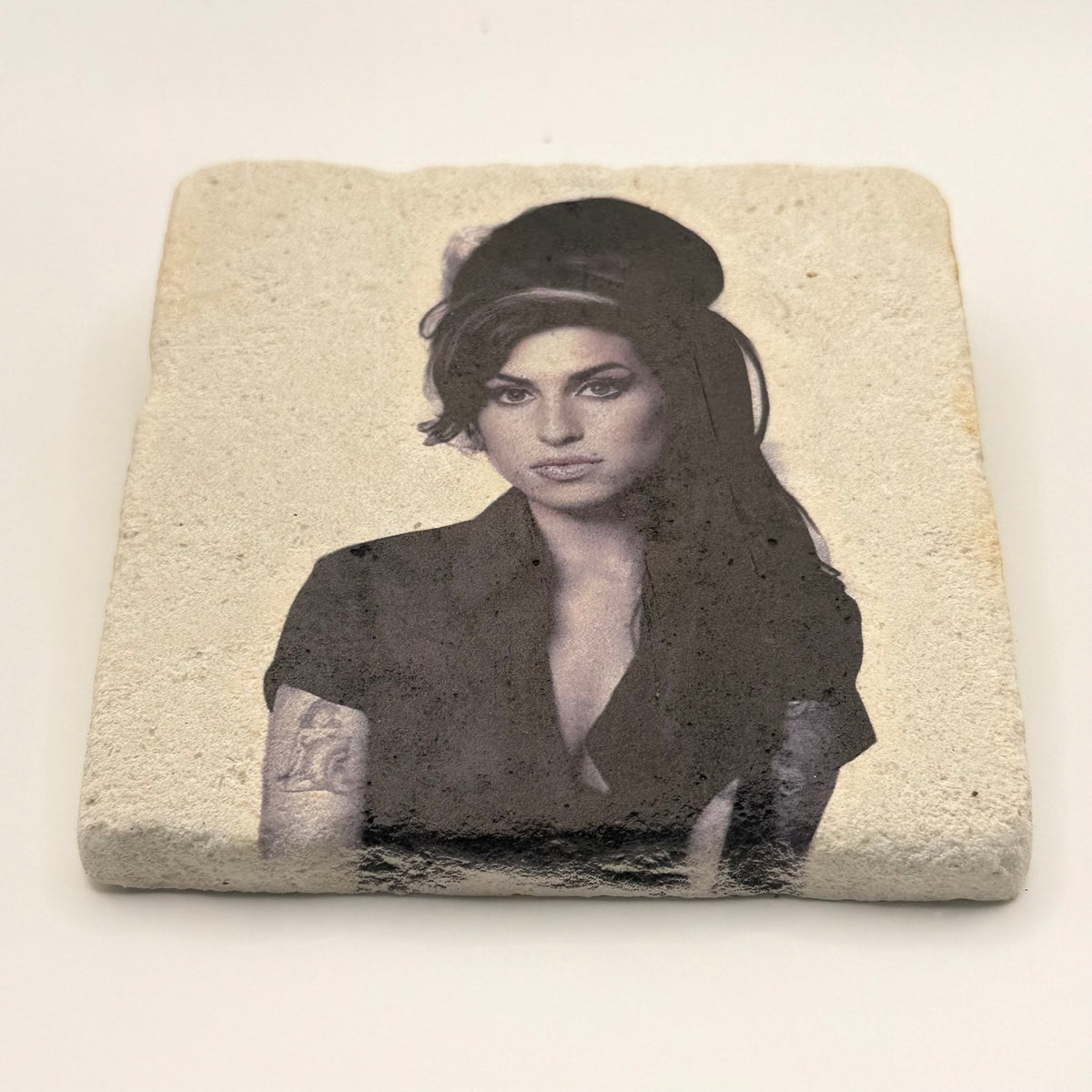 Amy Winehouse artwork printed on square travertine stone coaster