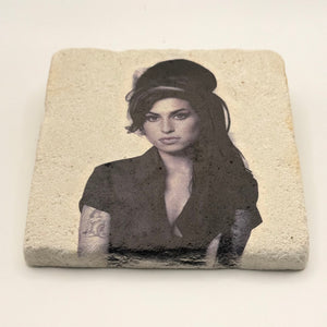 Amy Winehouse artwork printed on square travertine stone coaster
