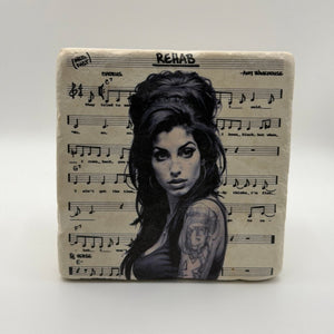 Amy Winehouse artwork printed on square travertine stone coaster